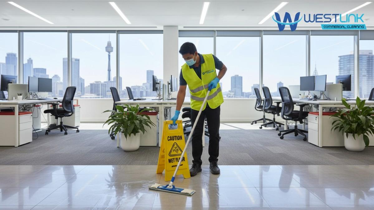 Professional polishing hardwood office floor with machine, reflecting light in an executive Sydney.