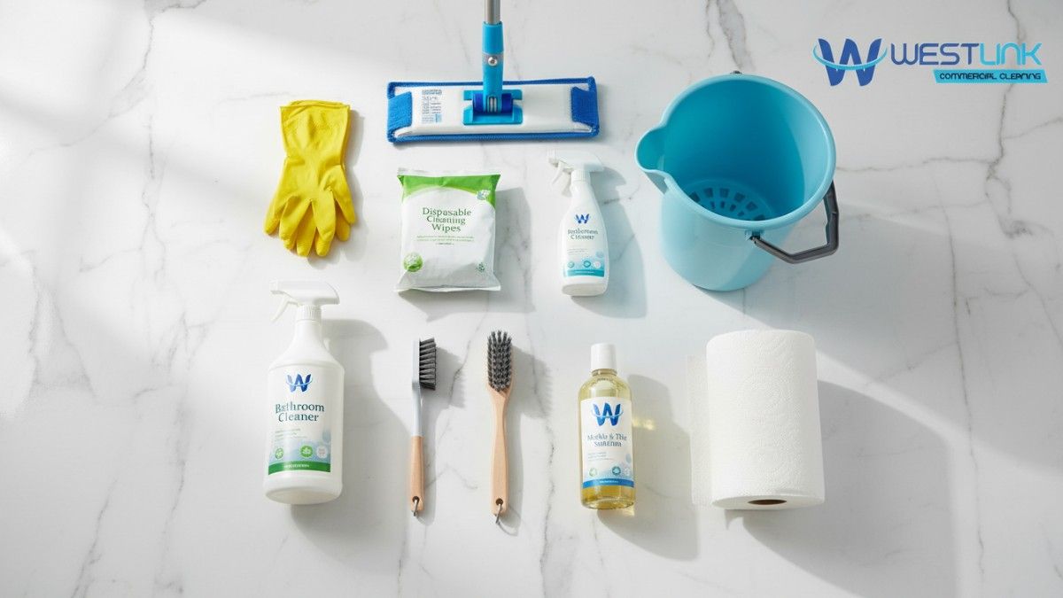 Top-down flat-lay of bathroom cleaning tools neatly arranged on white marble floor: gloves, microfibre mop, bucket, spray bottle, wipes, brushes, cleaner, paper towels.
