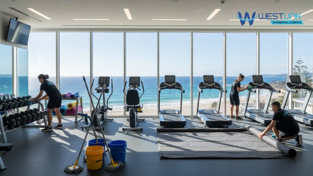 Image of a commercial gym in Bondi, Sydney, NSW, Australia, with staff organizing equipment and setting up for professional cleaning, featuring ocean views.