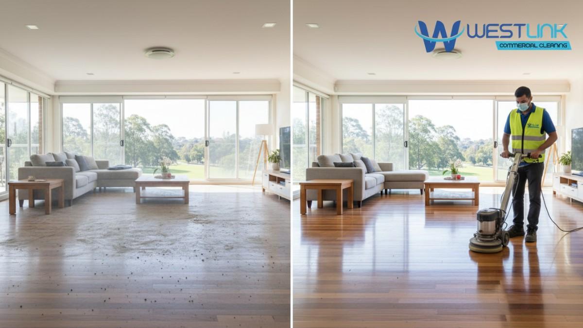 Professional cleaner mopping office floor with equipment in Bondi Junction, NSW, Australia.