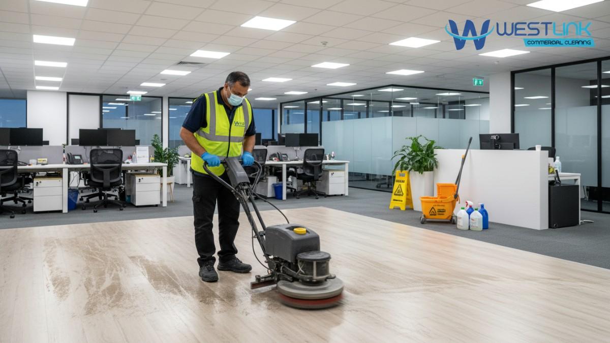 Commercial cleaner machine-scrubbing vinyl plank floor in an office reception area with a walk-behind scrubber, caution sign, and supplies nearby.