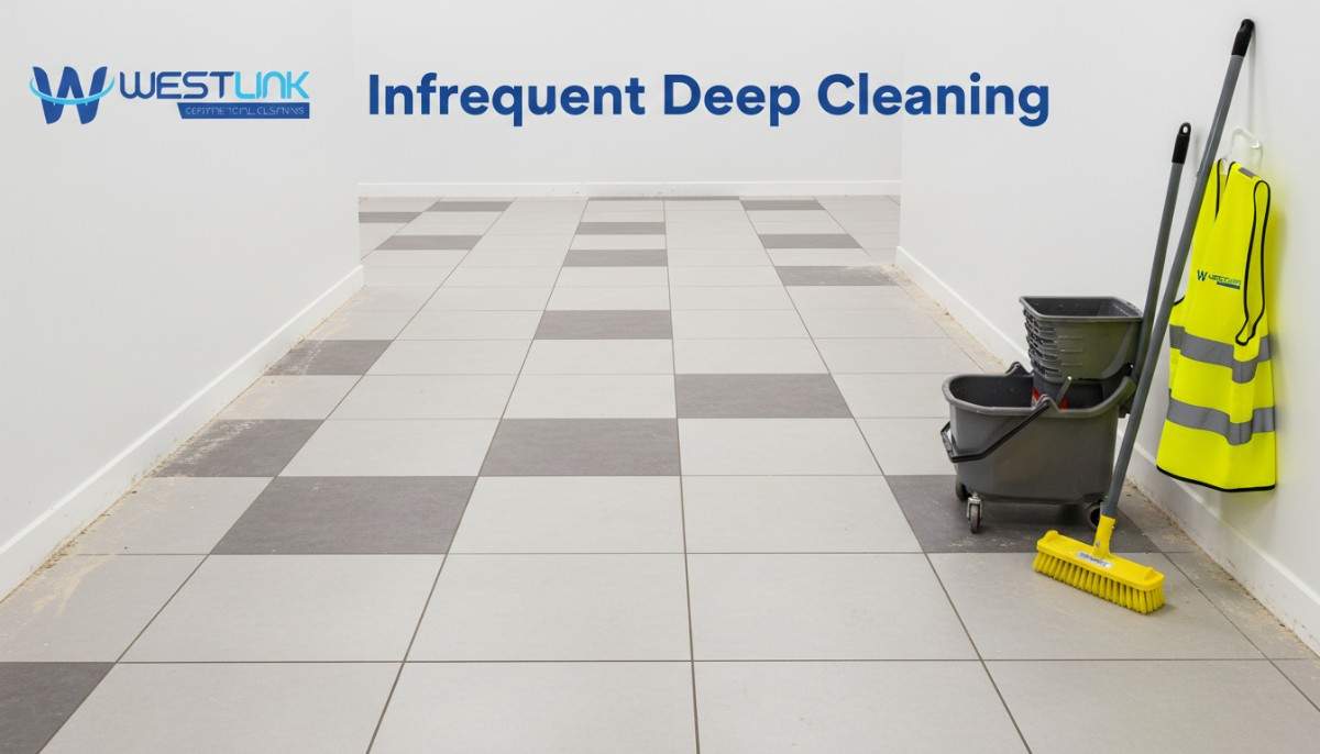 Dusty tile floor with darkened grout lines in a kitchen, showing buildup from infrequent deep cleaning.