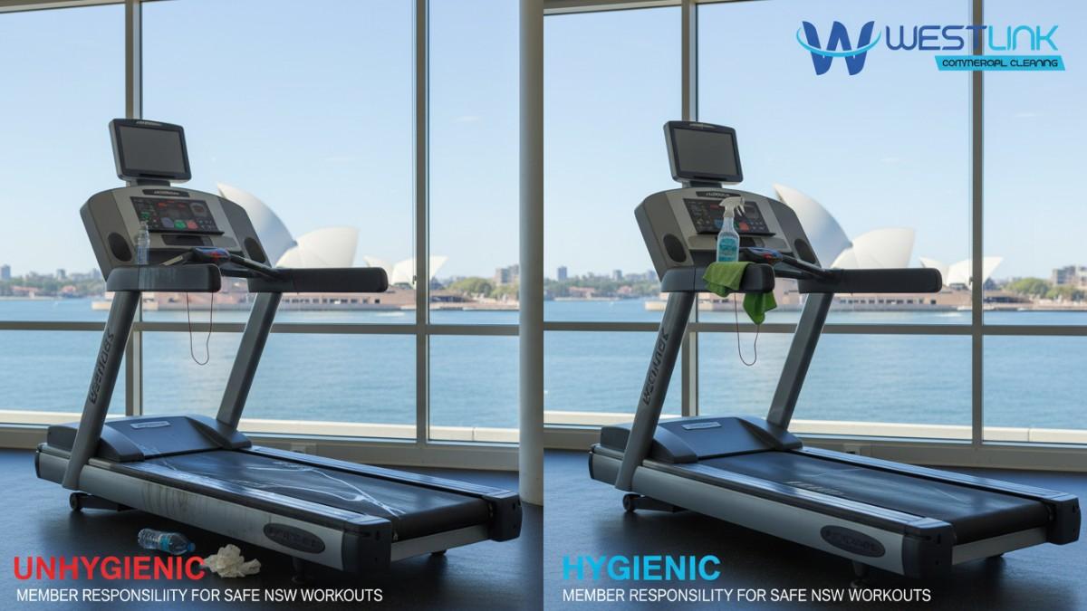 Icons of gym hygiene practices in a Sydney NSW gym with eucalyptus trees, preventing outbreaks.