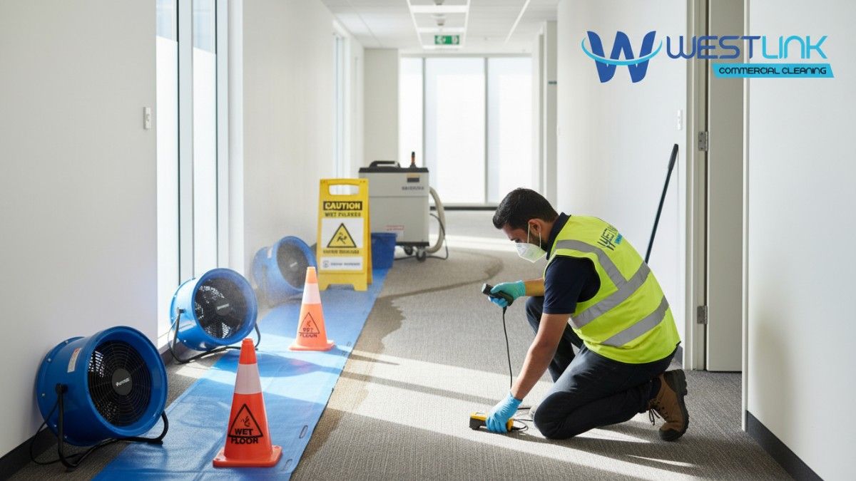 Flood restoration team drying damp office corridor carpet in Parramatta with air movers, moisture meter.