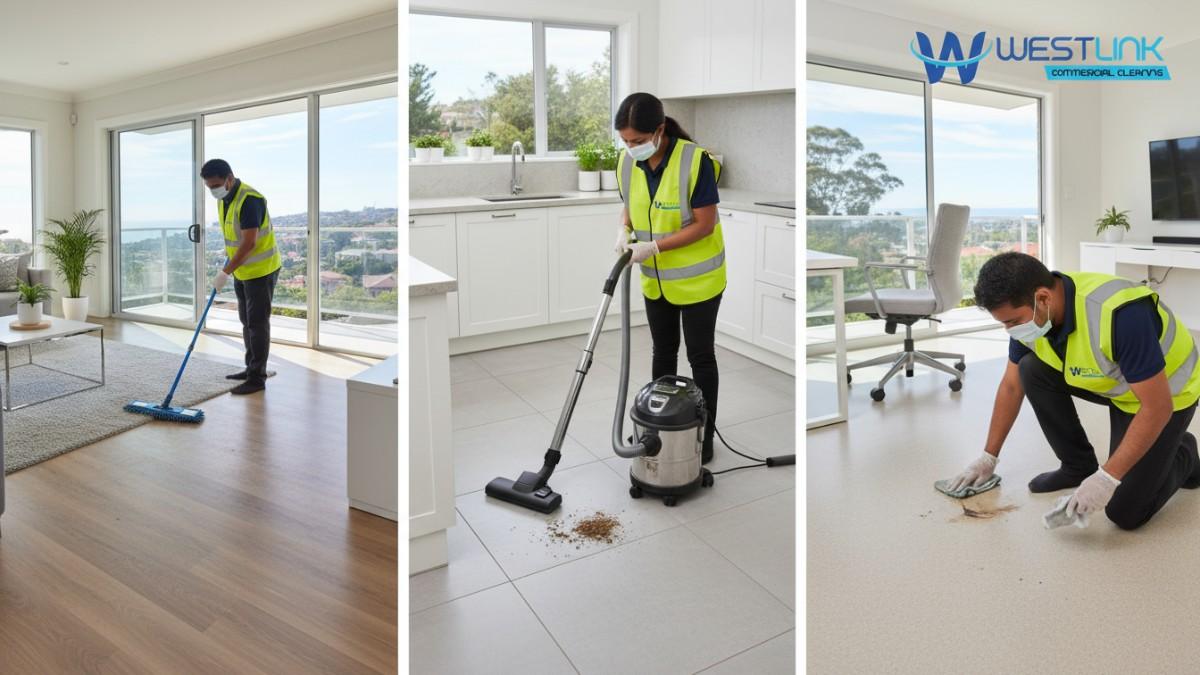 Westlink Commercial Cleaning team cleaning a home: mopping timber floors, vacuuming kitchen tiles, and spot cleaning a stain on carpet.