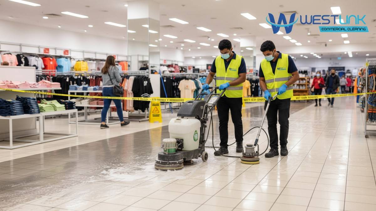 Cleaning team restoring showroom tiles in a retail shop in Chatswood, Sydney, with focus on dirt extraction and gloss finish.