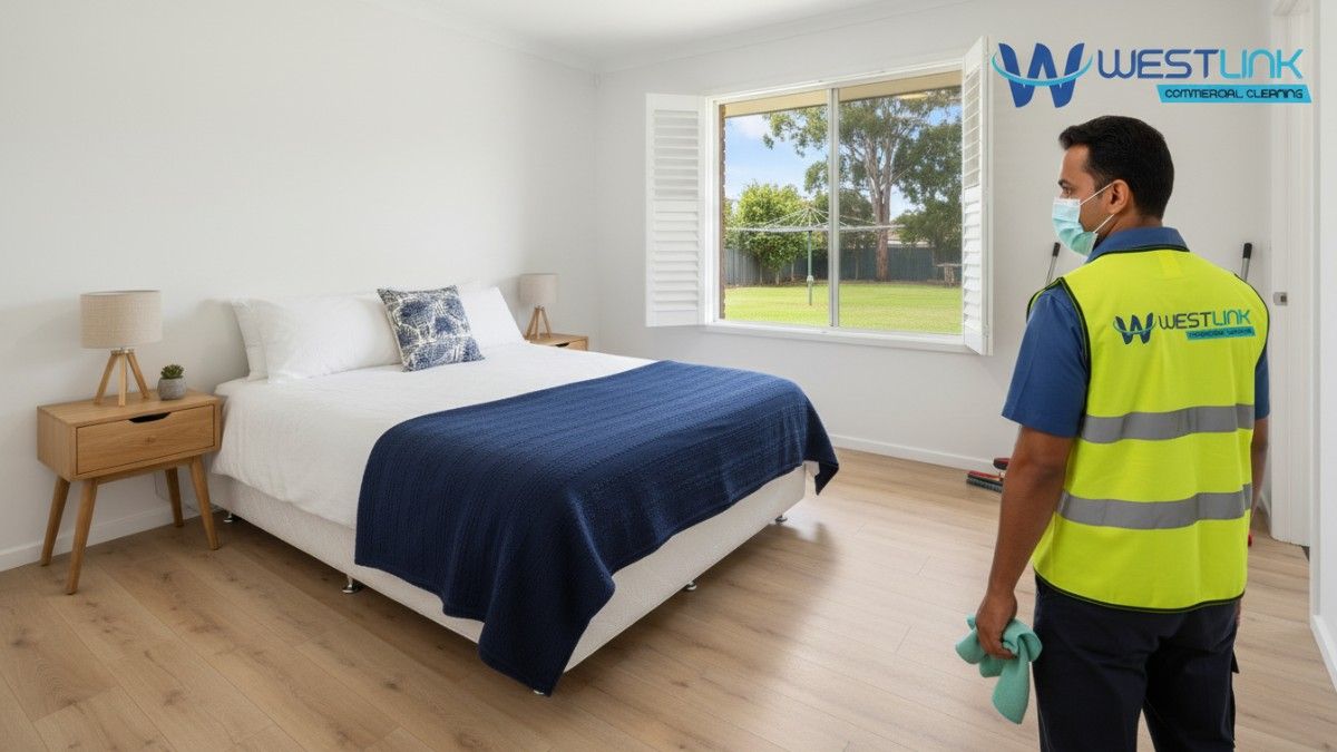 Cozy Sydney suburban bedroom with clean beige vinyl plank floors and backyard view.