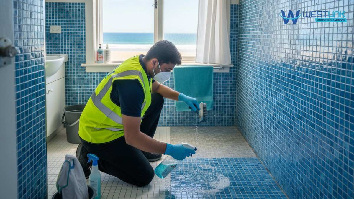 Residential cleaning service westlink commercial cleaning refreshing bathroom tiles in a Bondi home, Sydney, with emphasis on mold removal and shine.