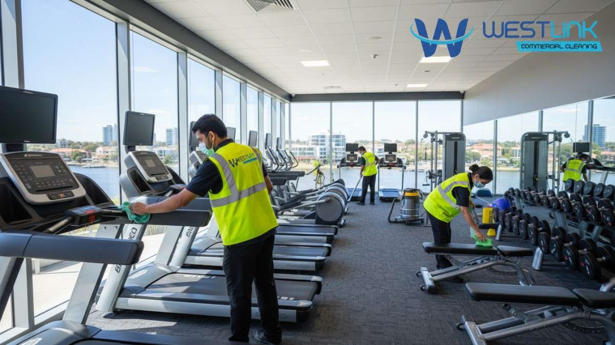 Professional cleaning crew in action at a commercial gym in Parramatta, Sydney, NSW, Australia.