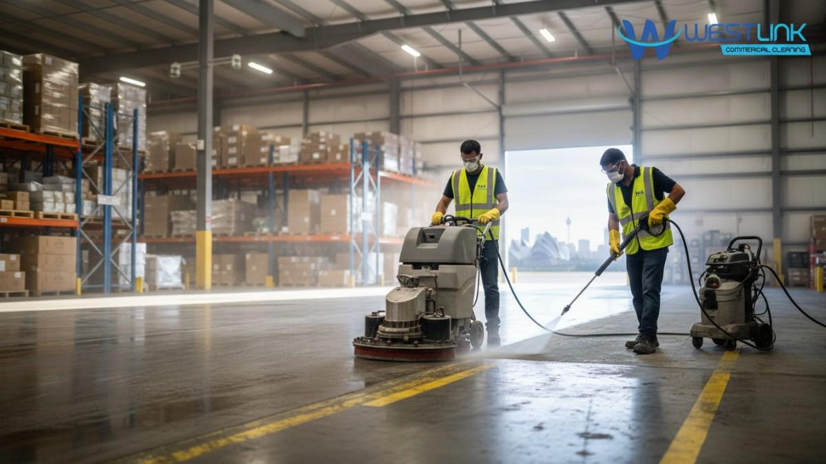 Workers cleaning stained cement floor in Alexandria Sydney warehouse.