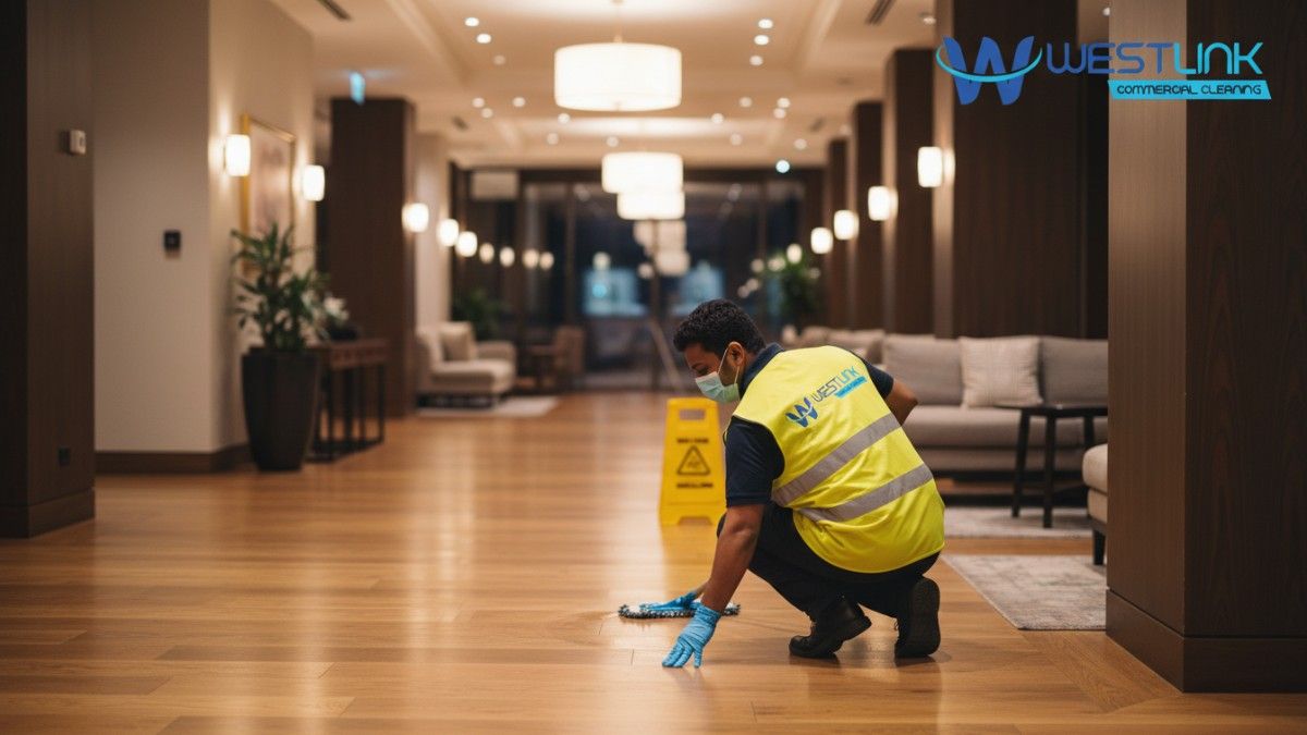 Cleaner finishing a low-moisture clean on engineered timber floors in a Barangaroo hotel lobby corridor, Sydney NSW.