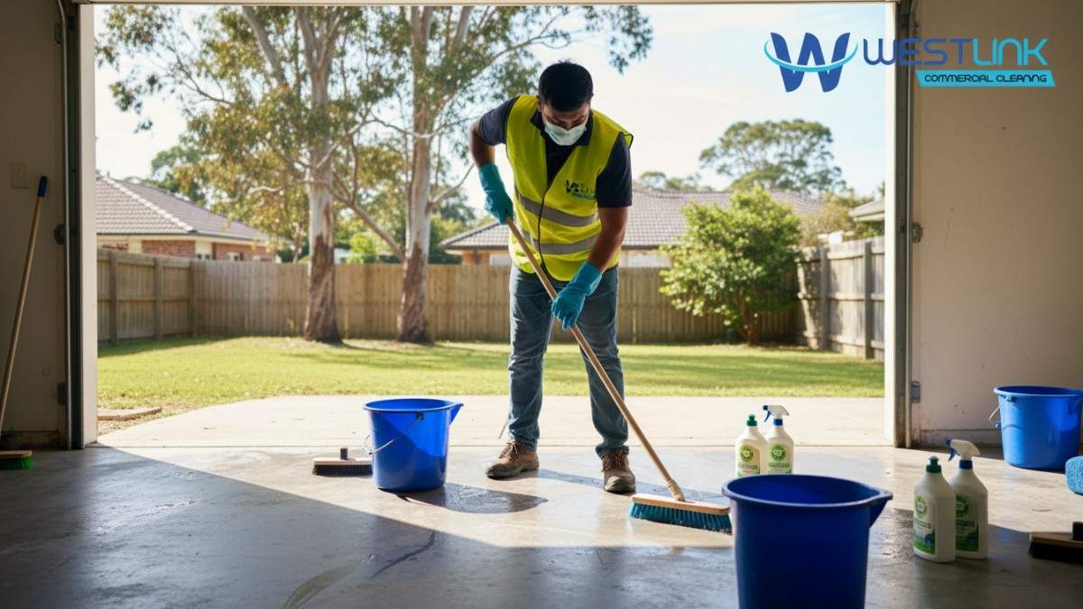 Westlink Commercial Cleaner cleaning cement garage floor in Bondi Sydney home,