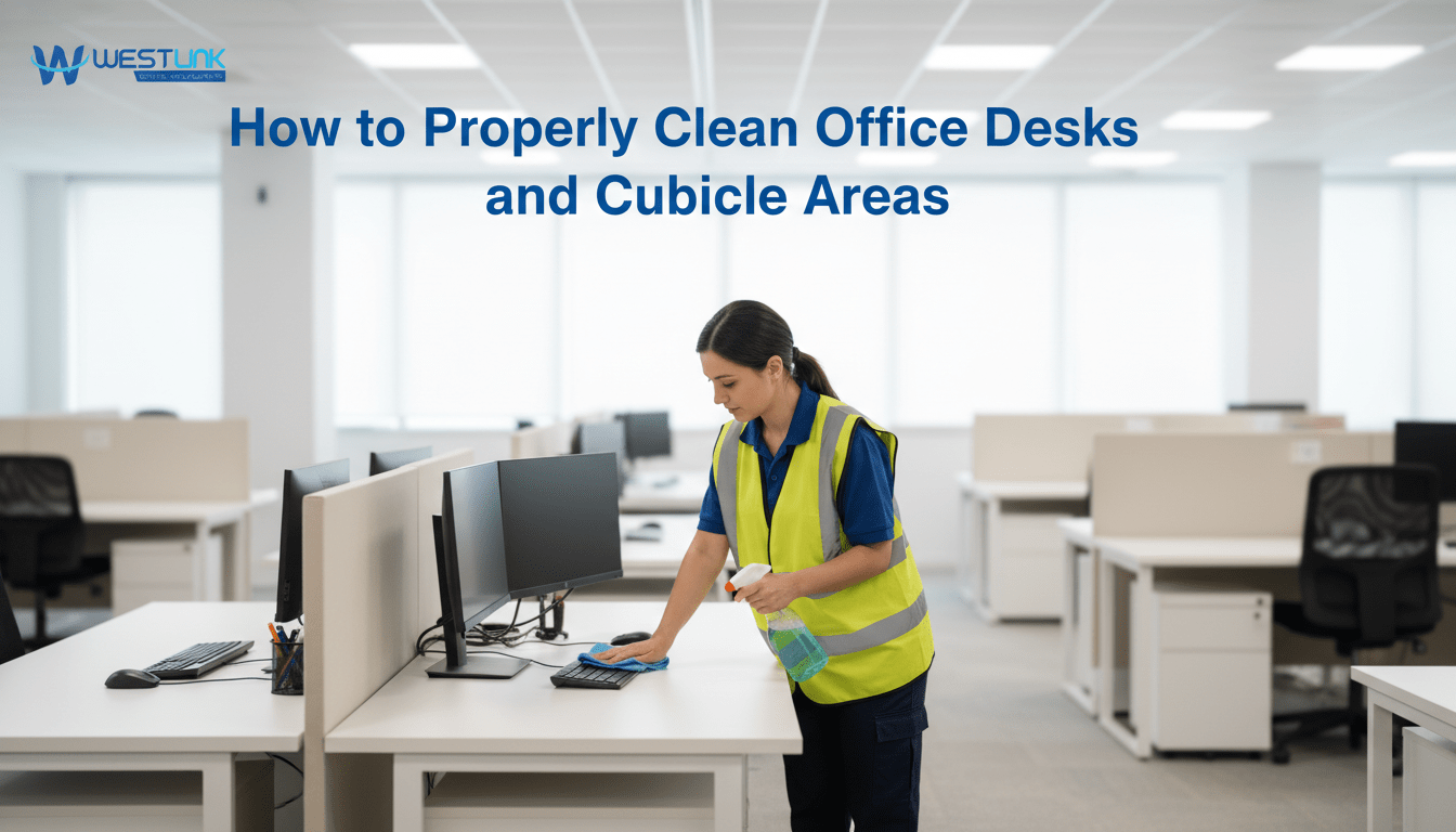 Professional cleaner wiping an organized office desk and cubicle workspace with disinfectant cloth