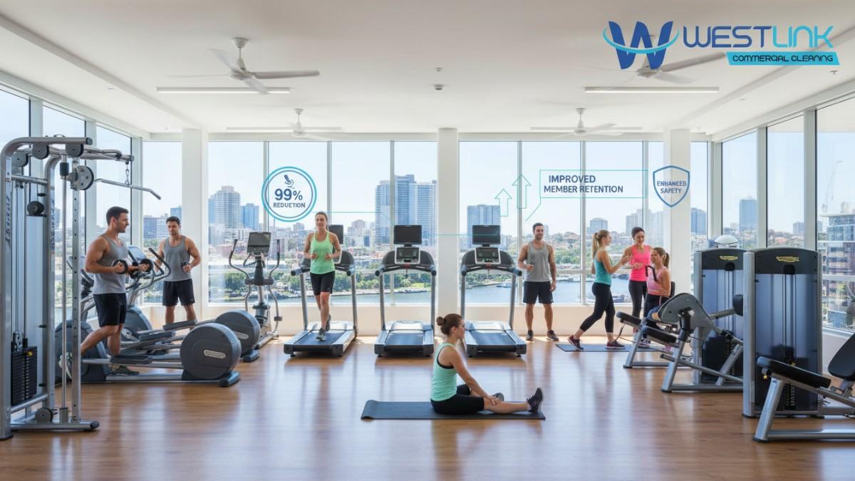 Vibrant interior of a clean commercial gym in Parramatta, NSW, Australia, showing sanitized equipment, smiling fitness enthusiasts working out, infographic elements illustrating benefits like germ reduction and better air quality.