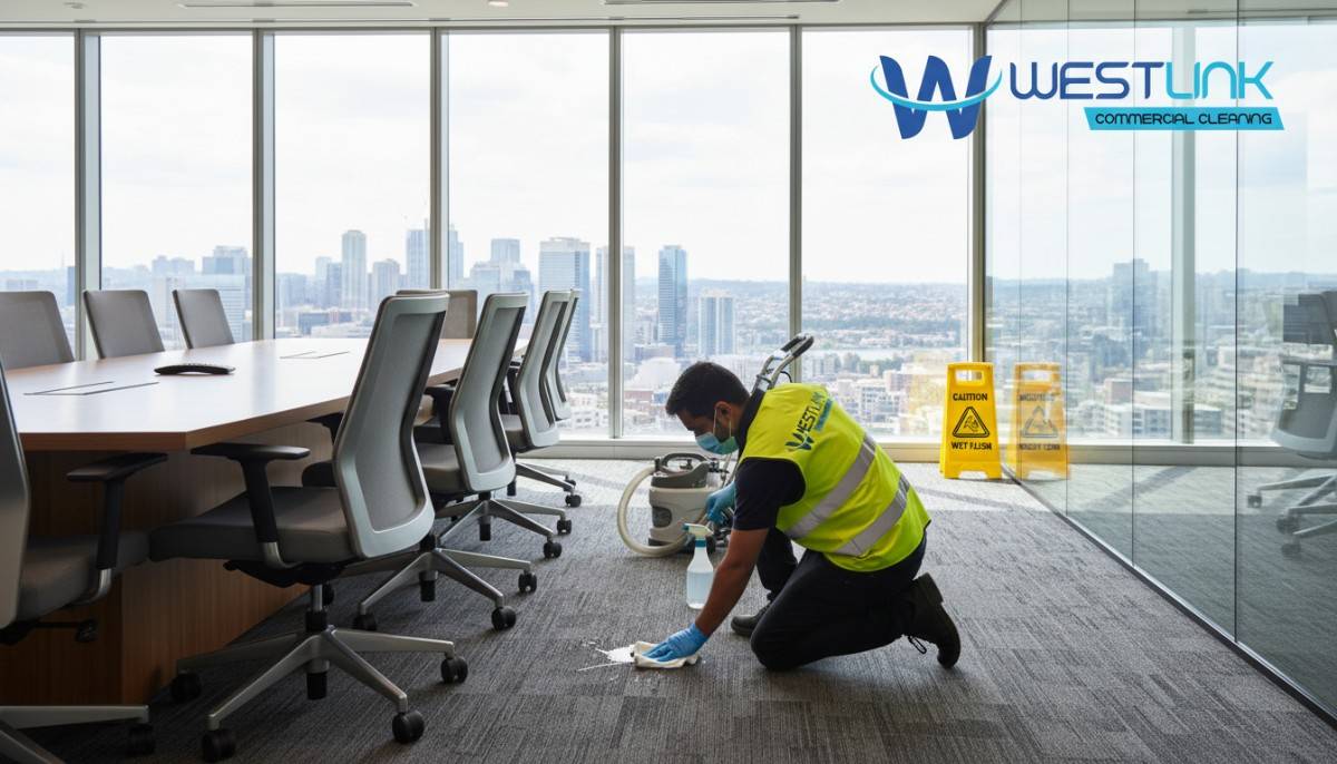 Cleaner treating a coffee spill with carpet spot cleaning in a North Sydney boardroom.