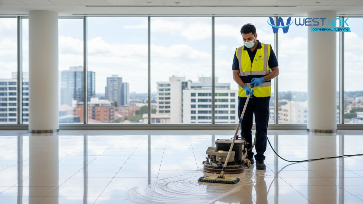 Professional cleaner mopping office floor with equipment in Bondi Junction, NSW, Australia.