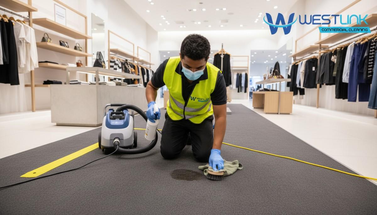 Technician spot cleaning a carpet stain in a Bondi Junction retail boutique walkway, with cleaning tools.