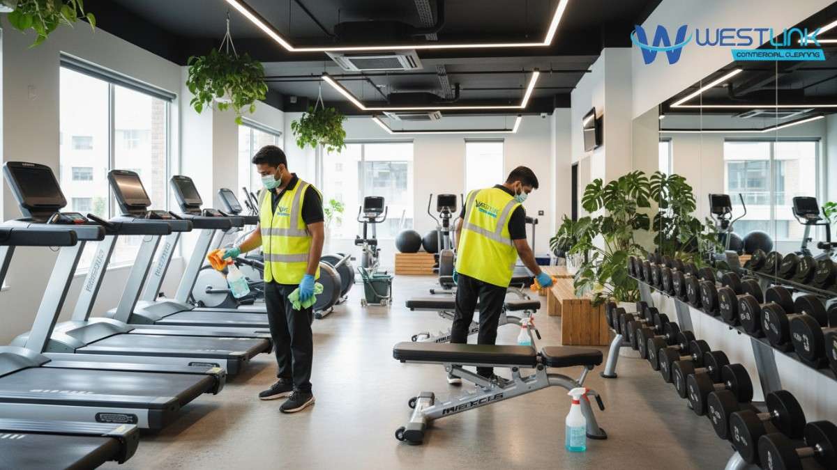 Cleaning staff sanitizing cardio equipment and benches in a Surry Hills NSW gym.