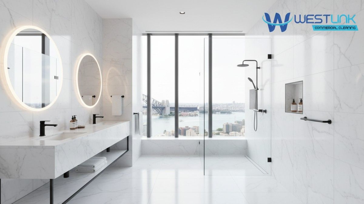 Wide-angle photorealistic view of a spotless luxury bathroom in Barangaroo office tower, Sydney NSW: white marble floors/walls, matte black fixtures, frameless glass shower, LED mirrors, harbour views through large windows.