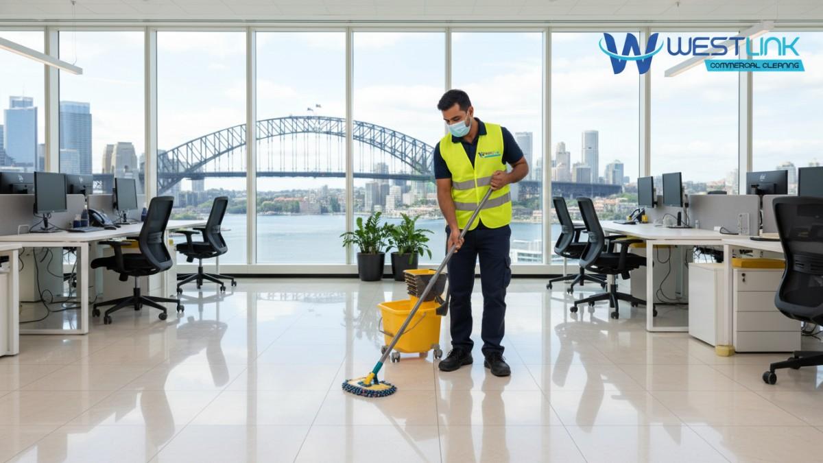 Professional cleaner mopping tiled office floor in a modern Sydney high-rise with Harbour Bridge visible through windows.