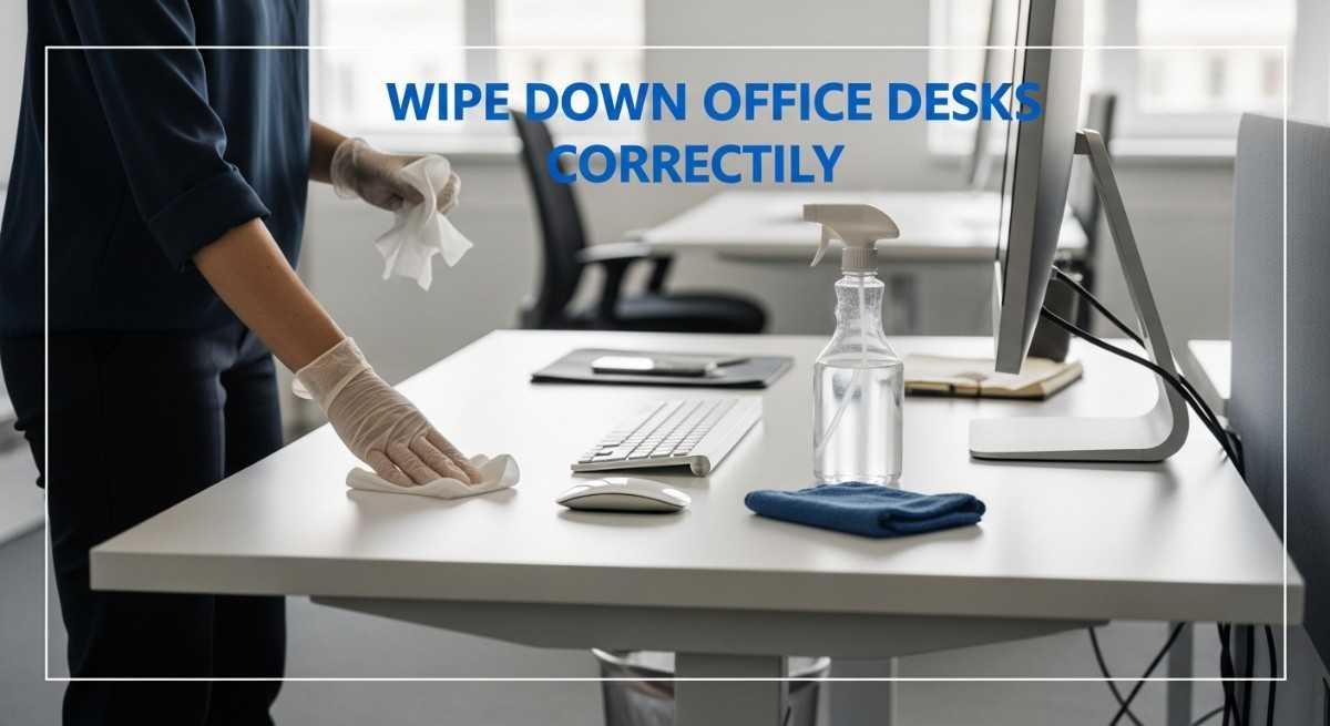 Employee wiping an office desk with disinfectant wipes in a bright, modern workspace.
