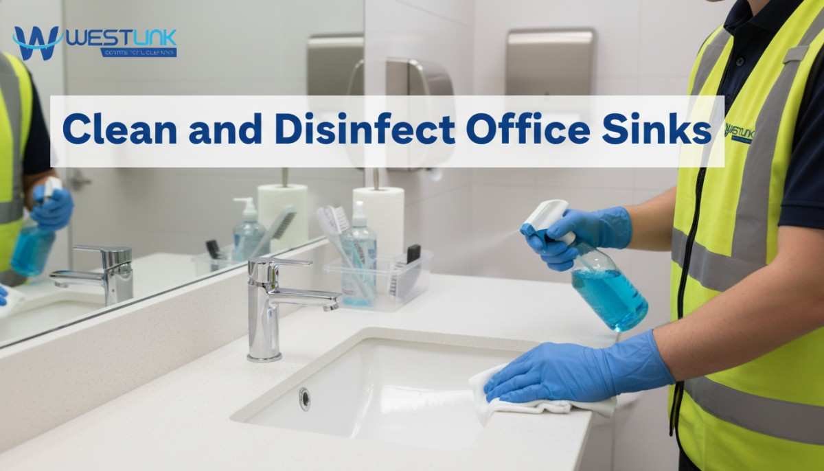 Worker disinfects an office sink with spray bottle and microfiber cloth in a modern restroom