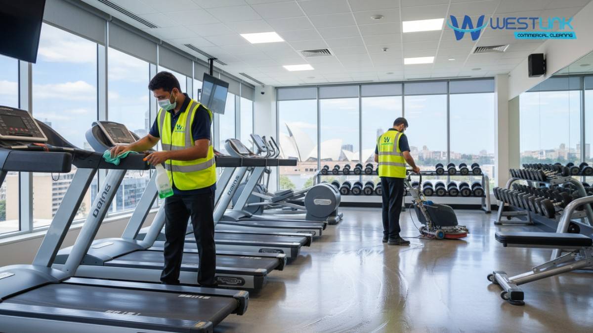 Image of cleaners sanitizing gym equipment in a commercial gym in Sydney CBD, NSW, Australia.