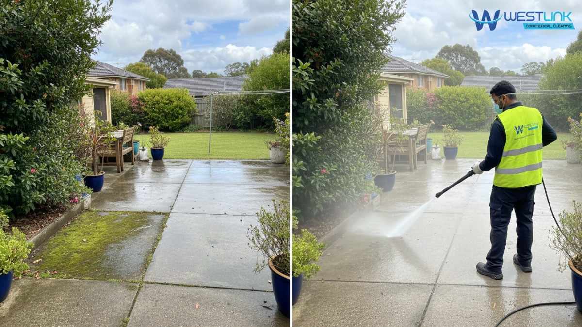 Power-washing a concrete patio in Chatswood, Sydney.