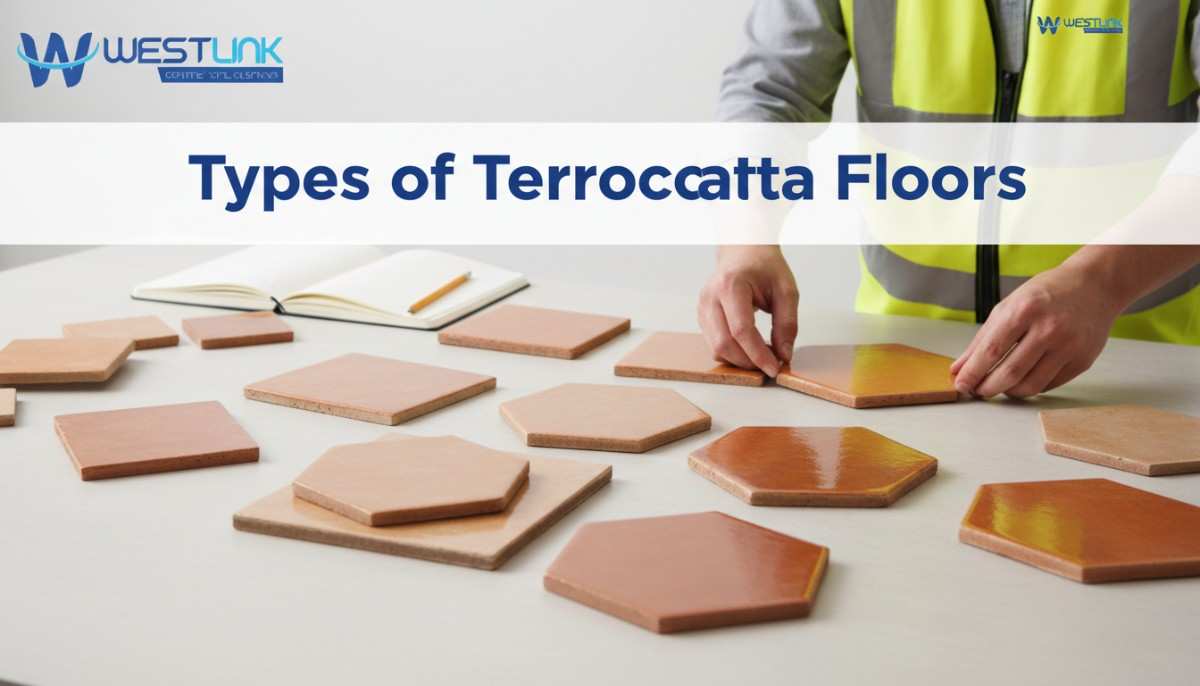 Sample terracotta floor tiles in varied finishes and shapes displayed on a designer’s desk