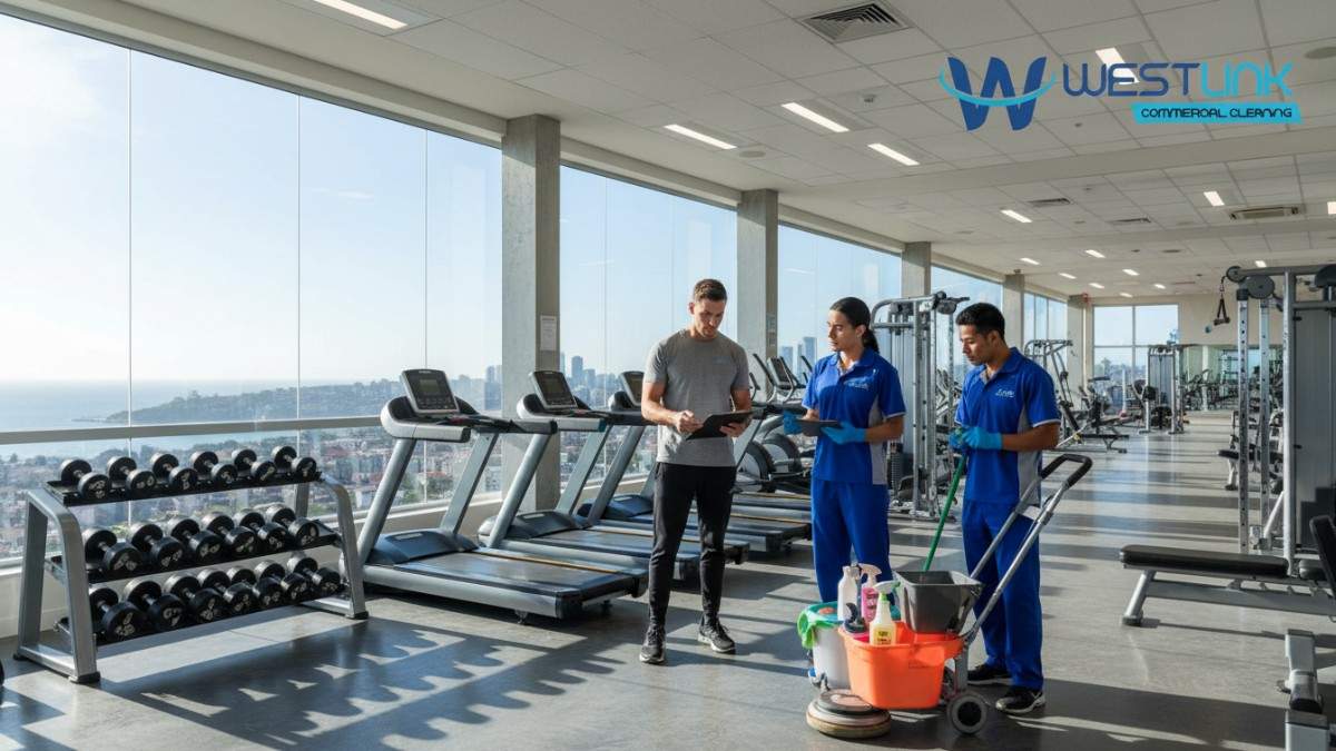 Scene inside a coastal-themed commercial gym in Bondi, NSW, Australia, featuring a manager briefing a cleaning crew on tasks, with mops, sprays, and checklists visible.