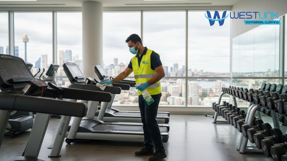 Professional cleaner disinfecting treadmills and weights in a modern gym in Sydney CBD, NSW, Australia.