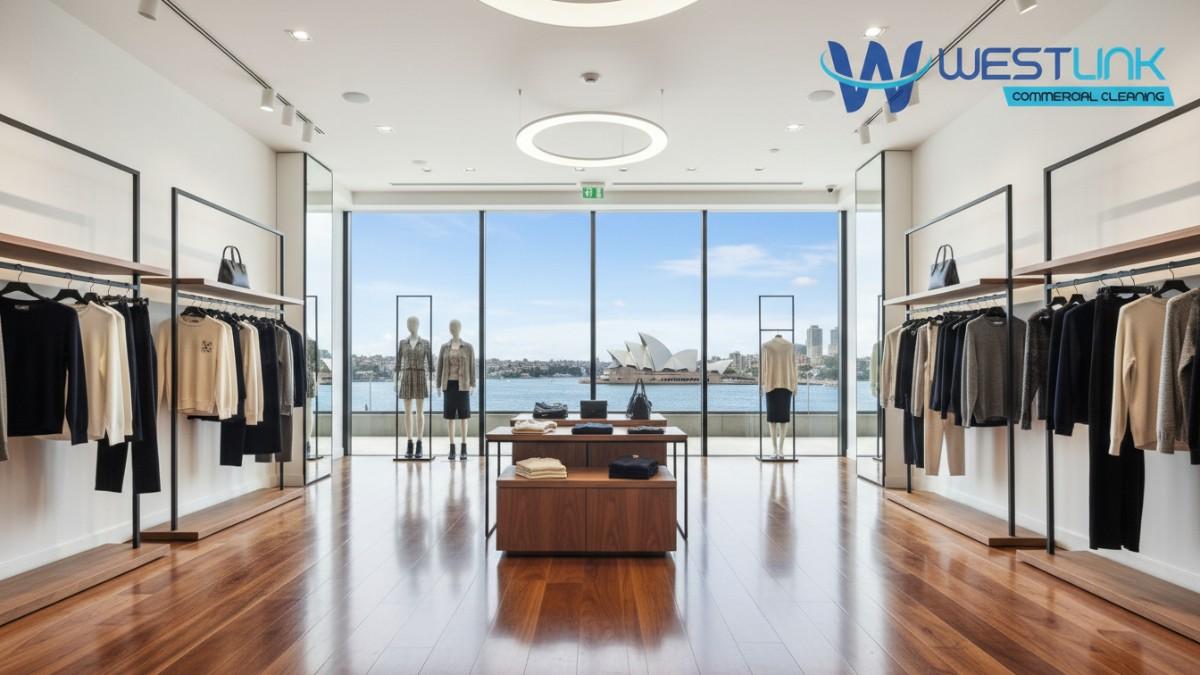 Warm walnut engineered timber flooring in a stylish retail store in Sydney, with Opera House views.
