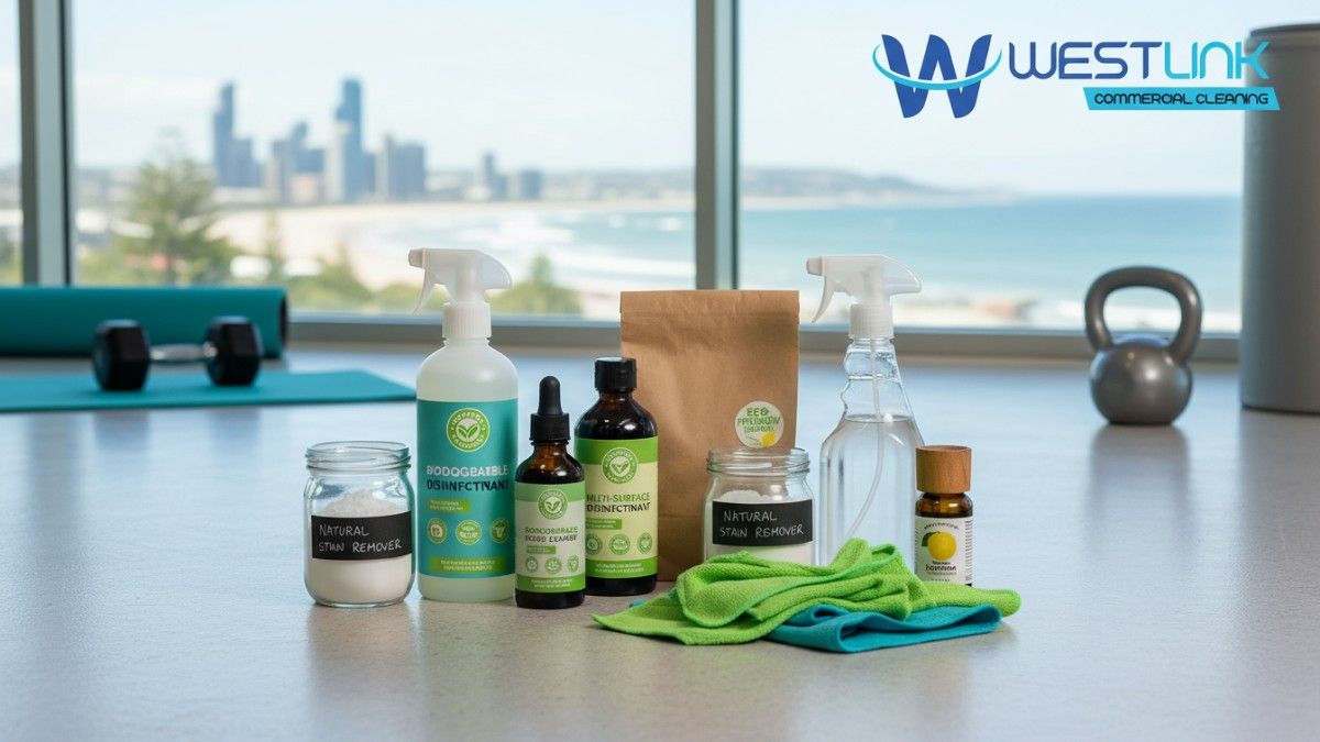 Arrangement of top eco-friendly, non-toxic cleaning products for gym deep cleaning, displayed on a gym floor with Wollongong, NSW, Australia coastal views in the background, including biodegradable sprays, natural cleaners, and microfiber cloths