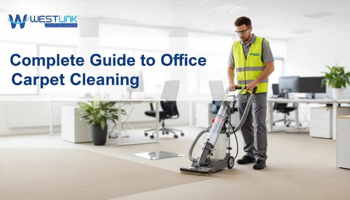 Professional cleaner using a carpet extractor on office carpeting in a bright, modern workspace.