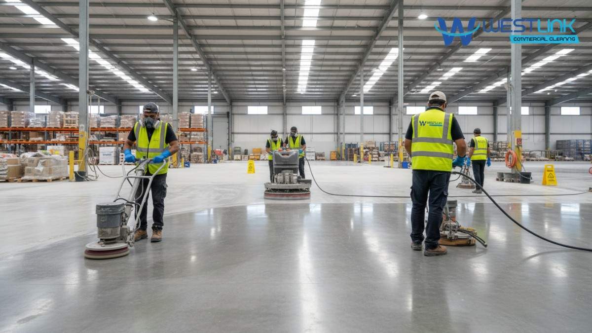 Industrial floor cleaning with scrubbers in a Parramatta warehouse, Sydney.