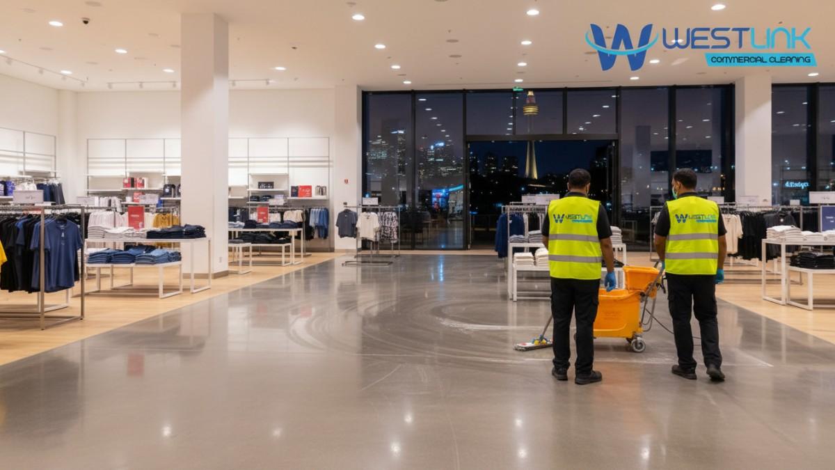 Cleaners buffing cement floor in Sydney Westfield retail store at night.