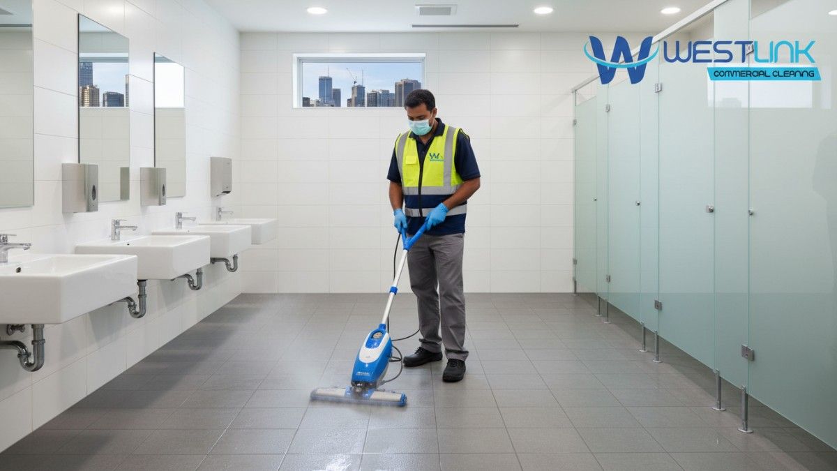 Image of a cleaner steam mopping a tiled bathroom floor in a Sydney office building.