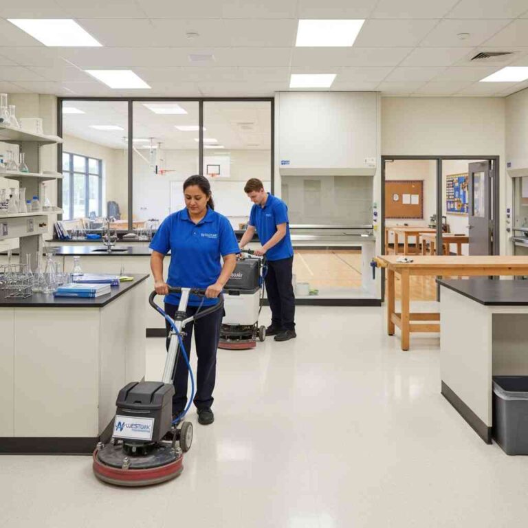 Westlink Commercial Cleaning professionals are cleaning floor in high school with professional equipment