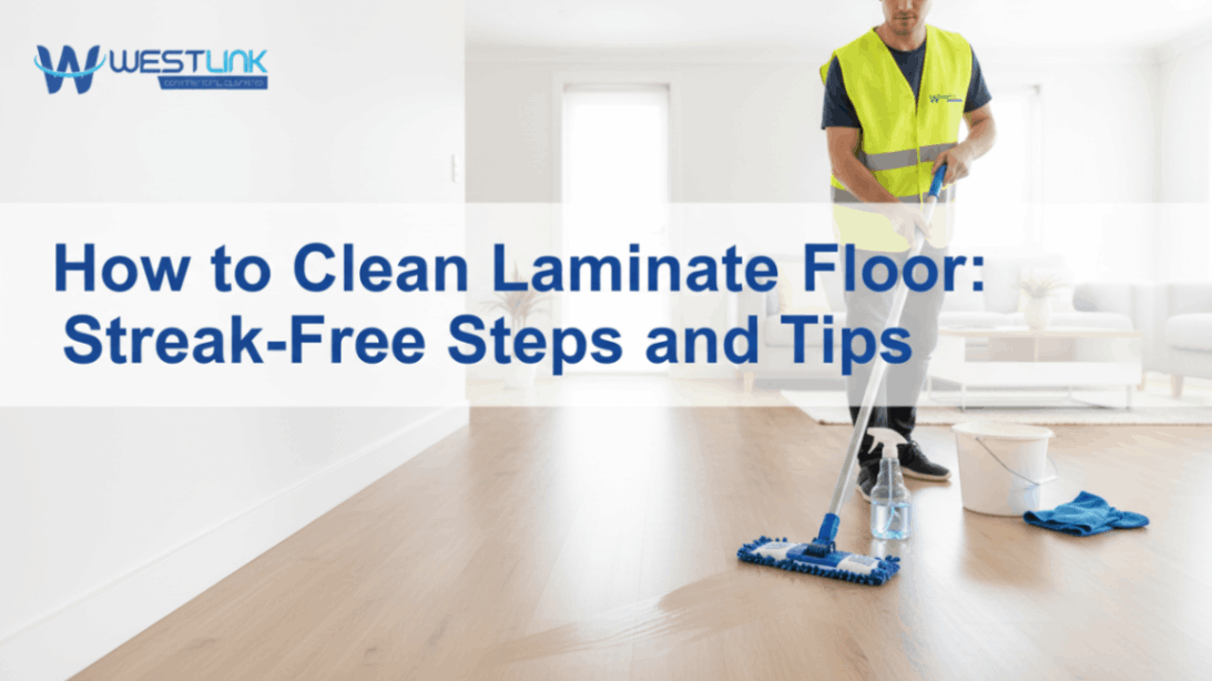 Microfiber mop cleaning laminate floor with subtle shine in a bright modern living room