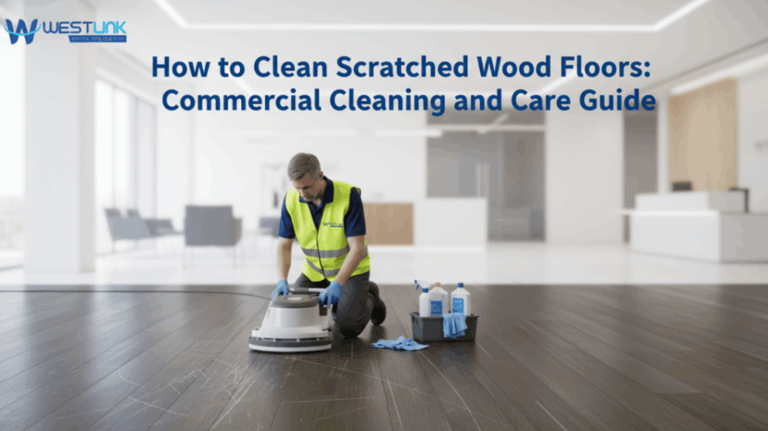 Commercial cleaner polishing scratched wood floor in office lobby with supplies and microfiber pad