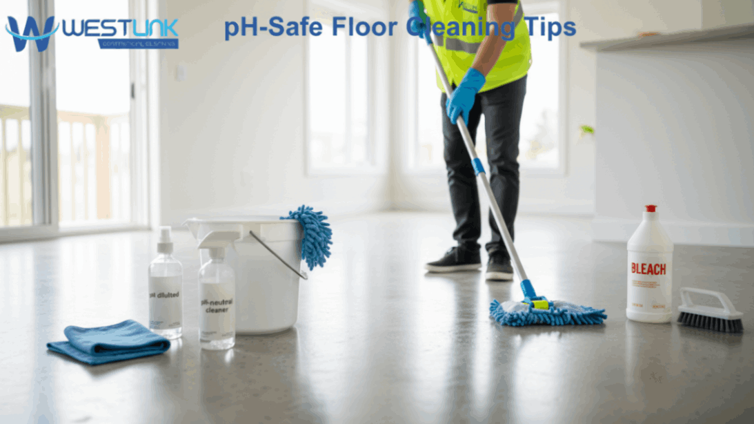 Person mopping a hard floor with a pH-neutral cleaner and microfiber mop.