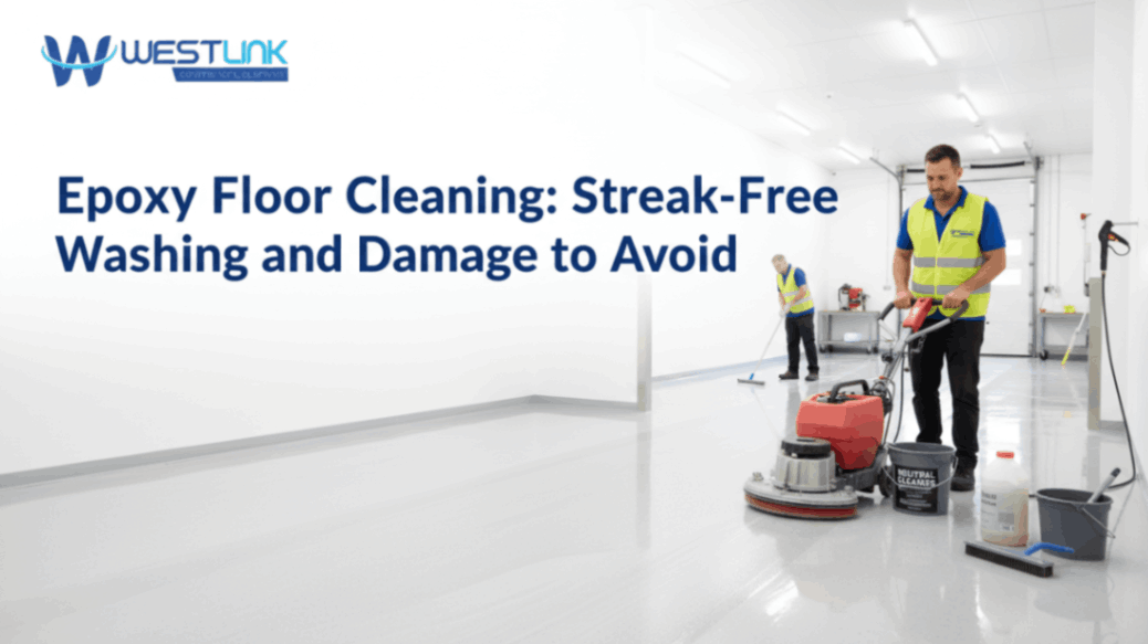 Technician washing an epoxy floor without streaks.