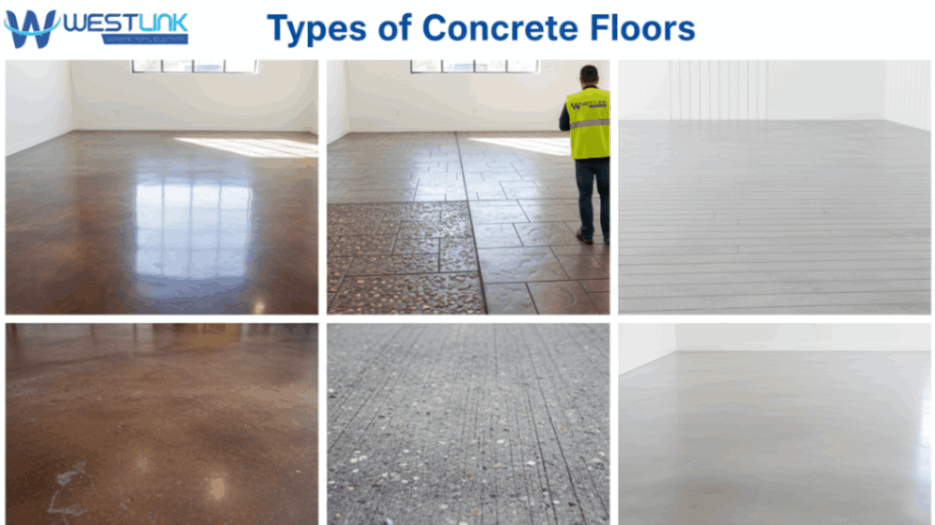 Six different concrete floor finishes displayed side by side for comparison.
