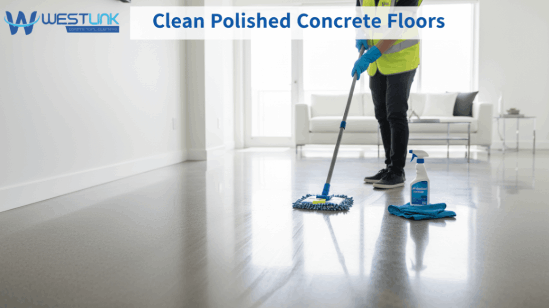 Person mopping a shiny polished concrete floor with a microfiber mop.