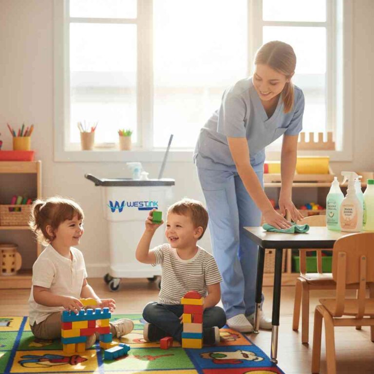 teacher is looking and smiling to her kindergarten students in a professionally cleaned school