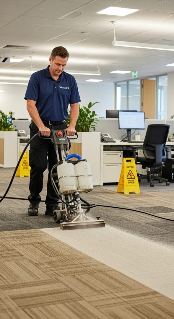 Westlink Commercial Cleaning Cleaner using a floor machine to clean office carpet Westlink Commercial Cleaning Cleaner using a floor machine to clean office carpet