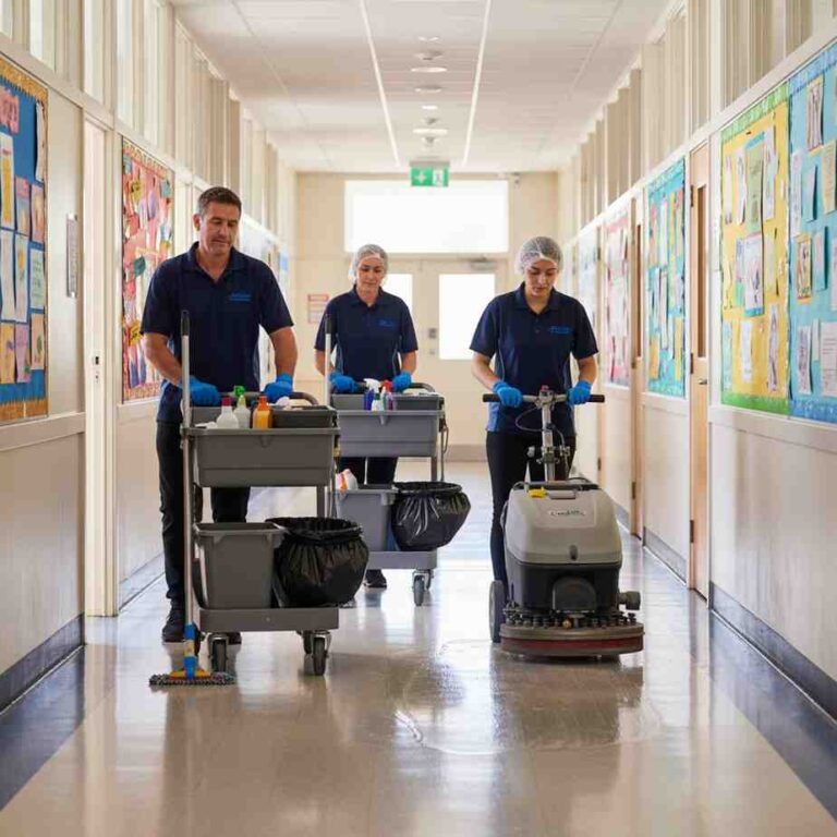 Westlink Commercial Cleaning professionals are going with professional-grade cleaning equipment in a public school hallway.