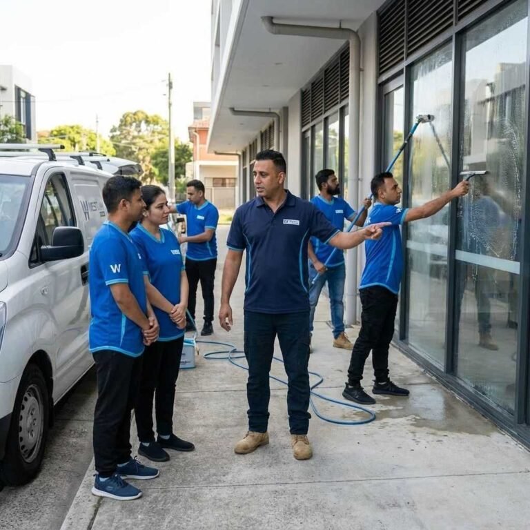 Westlink Commercial Cleaning team servicing a commercial property in Sydney outside an office building.