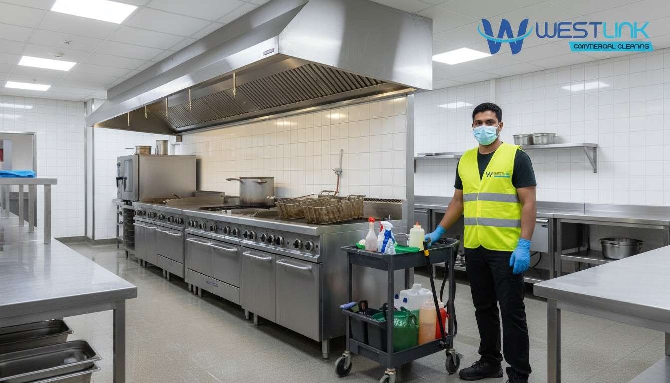 Shiny stainless steel oven and counters in restaurant kitchen.