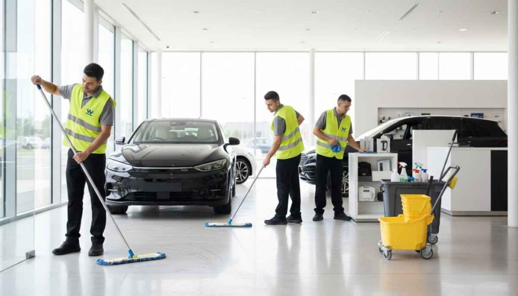 Professional cleaners maintaining spotless floors, glass, and displays in a modern retail showroom